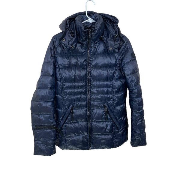Andrew Marc Jacket Womens XS 650 Fill Power Feather Down Hooded Puffer Coat Navy - Picture 4 of 9